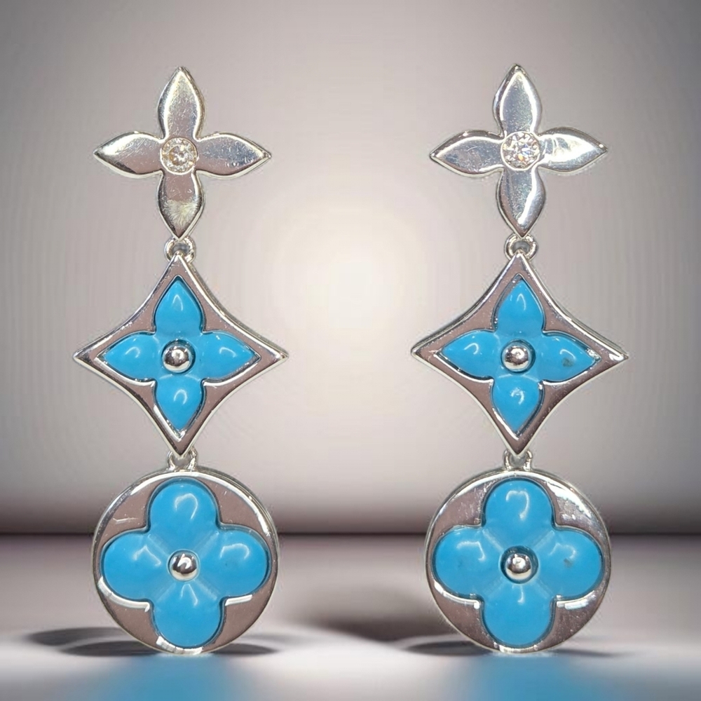Luxury Silver Plated Stainless Steel Turquoise Blossom Star Clover Earrings